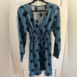 RIHOAS Blue Long Sleeve Polka Dot Smocked Waist Dress NEW